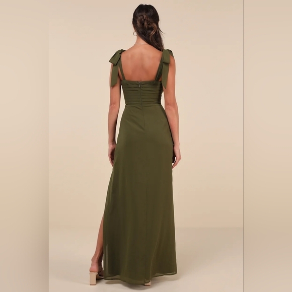 Lulus Gorgeous Whimsy Olive Pleated Off-the-Shoulder Maxi Dress L Wedding Party - Picture 5 of 10